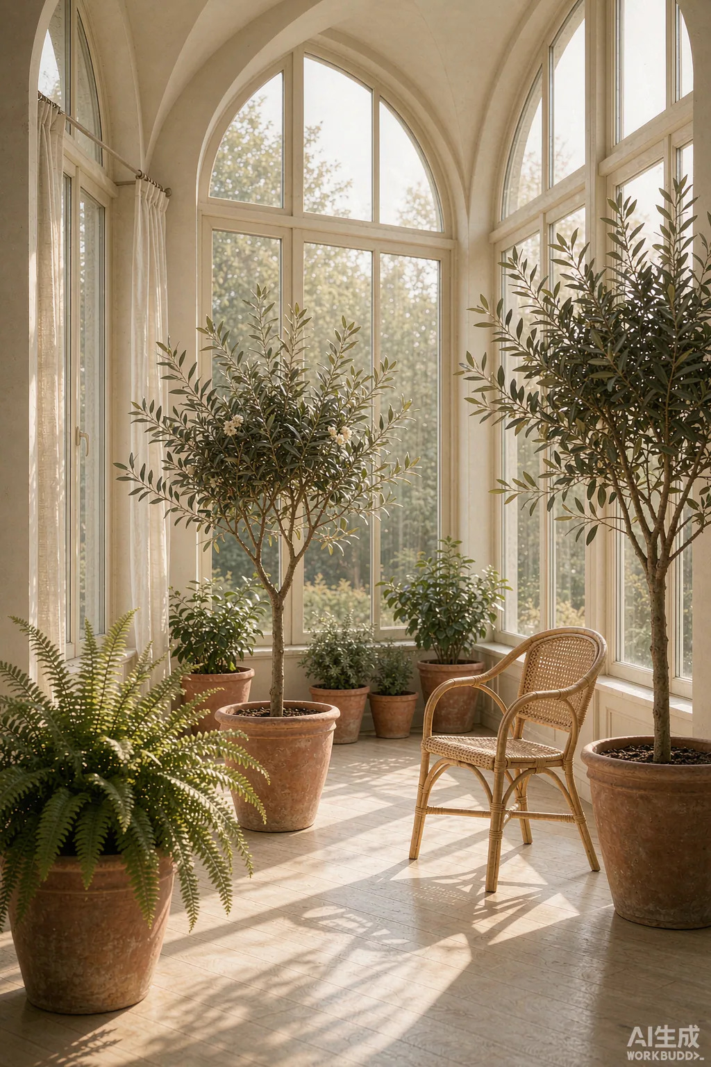 Sunlit conservatory with potted faux plants, ferns and olive trees in terracotta pots