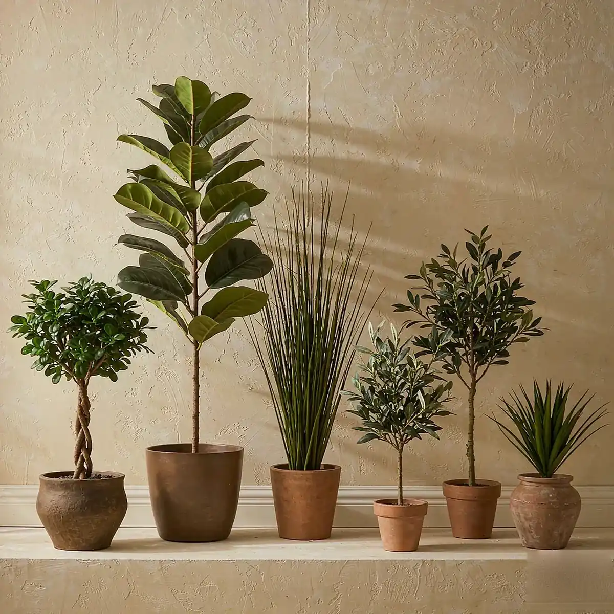 Faux trees and plants of different heights lined up together